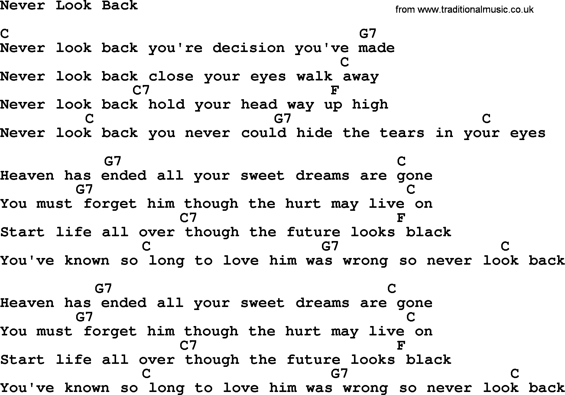 Marty Robbins song: Never Look Back, lyrics and chords