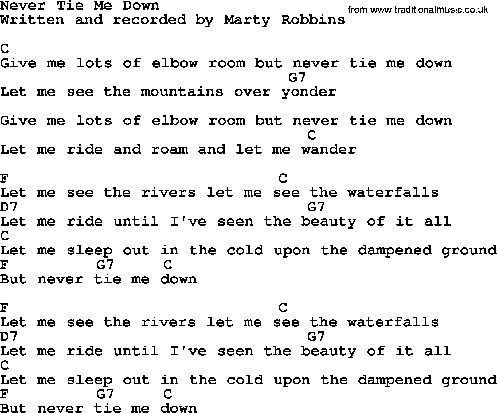 Marty Robbins song: Never Tie Me Down, lyrics and chords