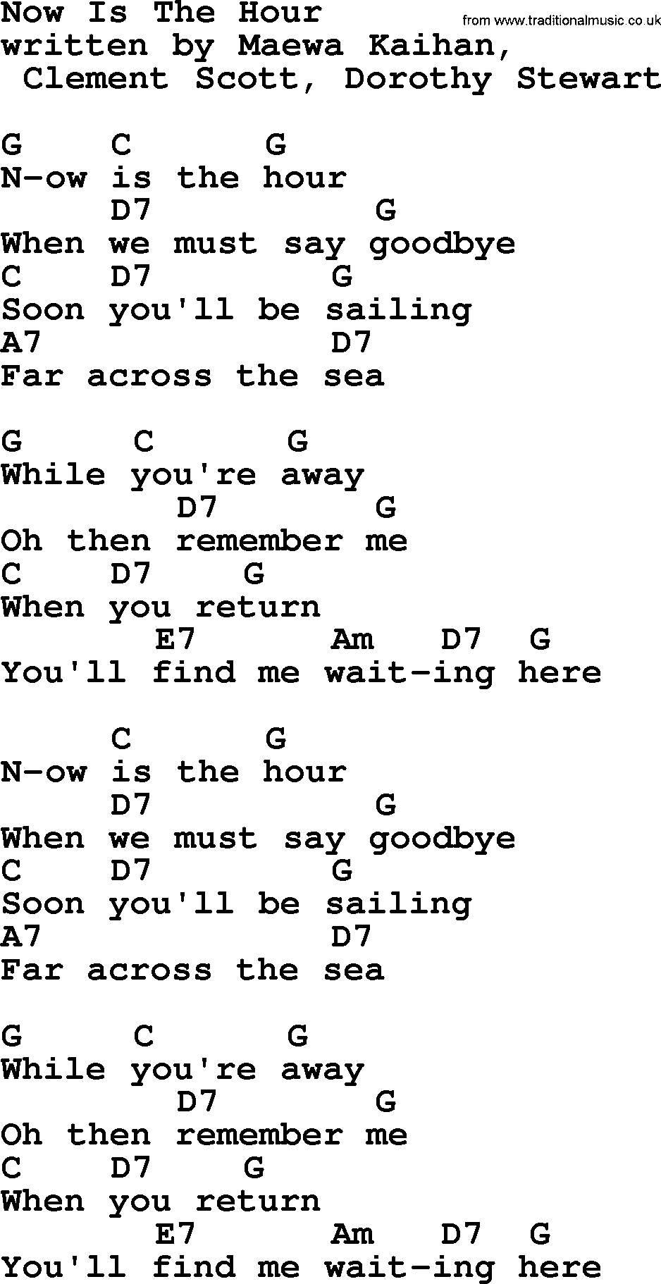 Marty Robbins song: Now Is The Hour, lyrics and chords