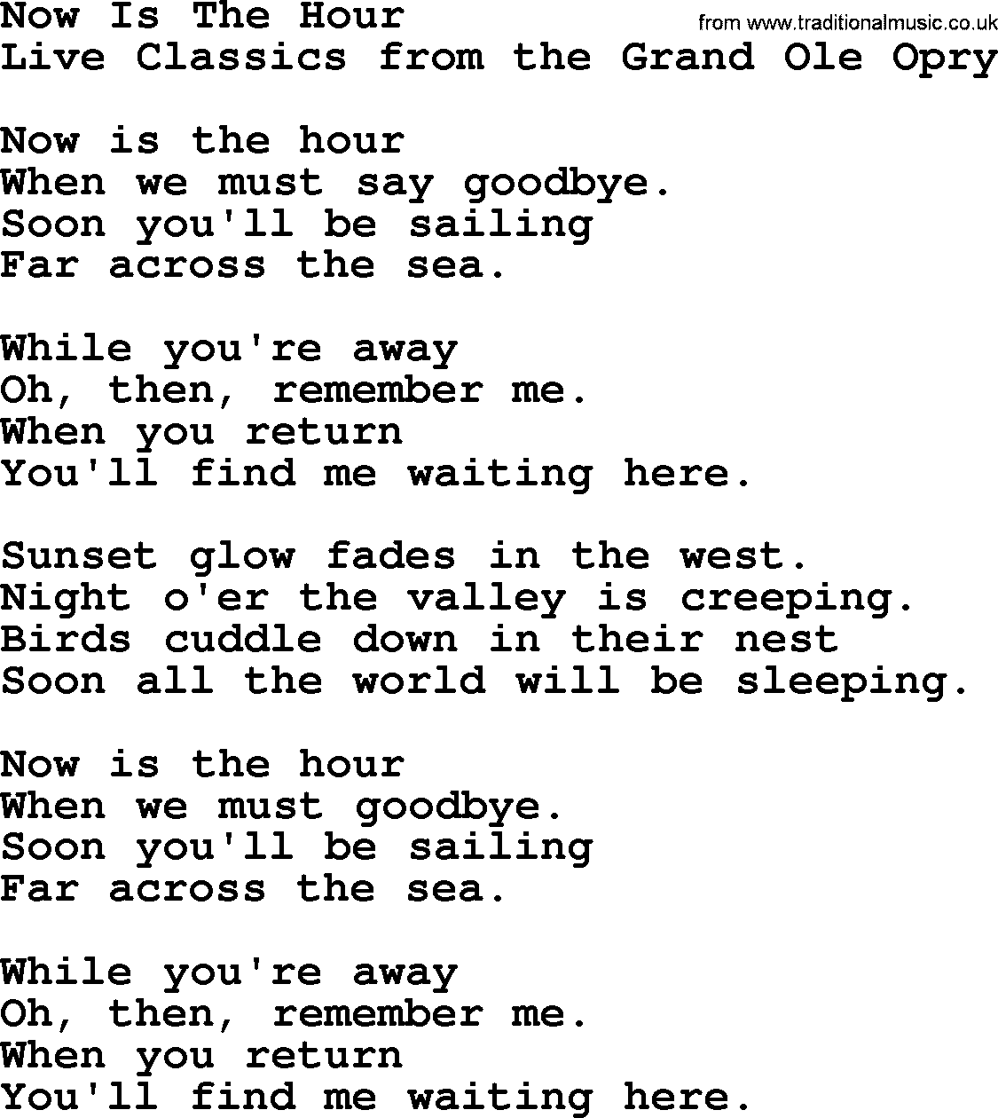 Marty Robbins song: Now Is The Hour, lyrics
