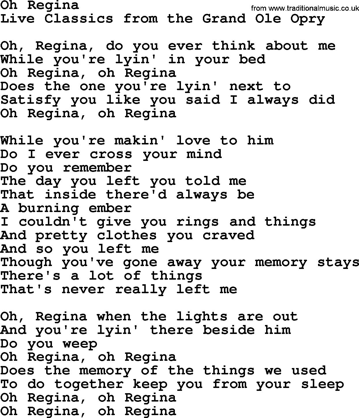 Marty Robbins song: Oh Regina, lyrics