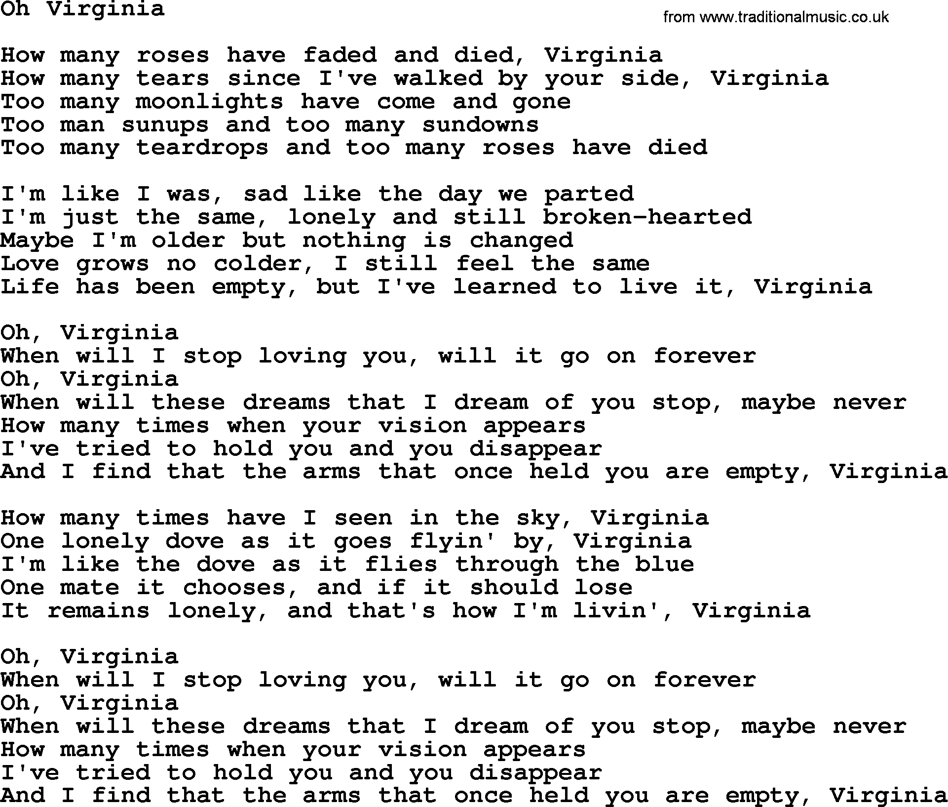 Marty Robbins song: Oh Virginia, lyrics