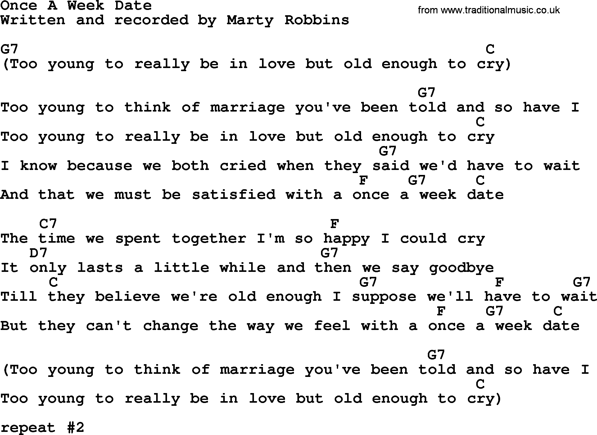 Marty Robbins song: Once A Week Date, lyrics and chords