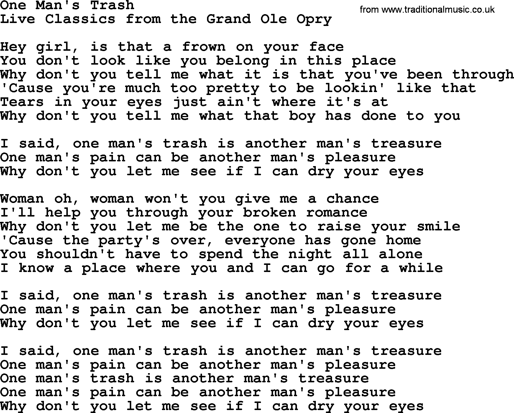 Marty Robbins song: One Mans Trash, lyrics