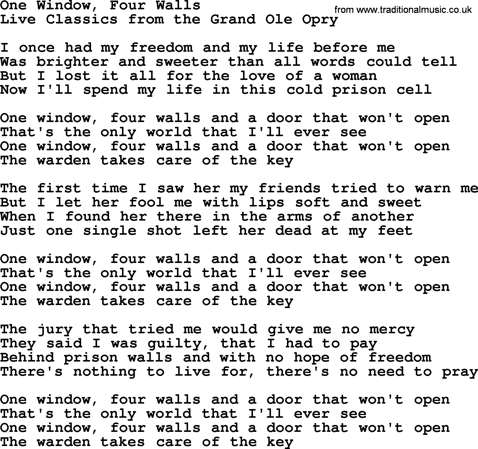 Marty Robbins song: One Window Four Walls, lyrics