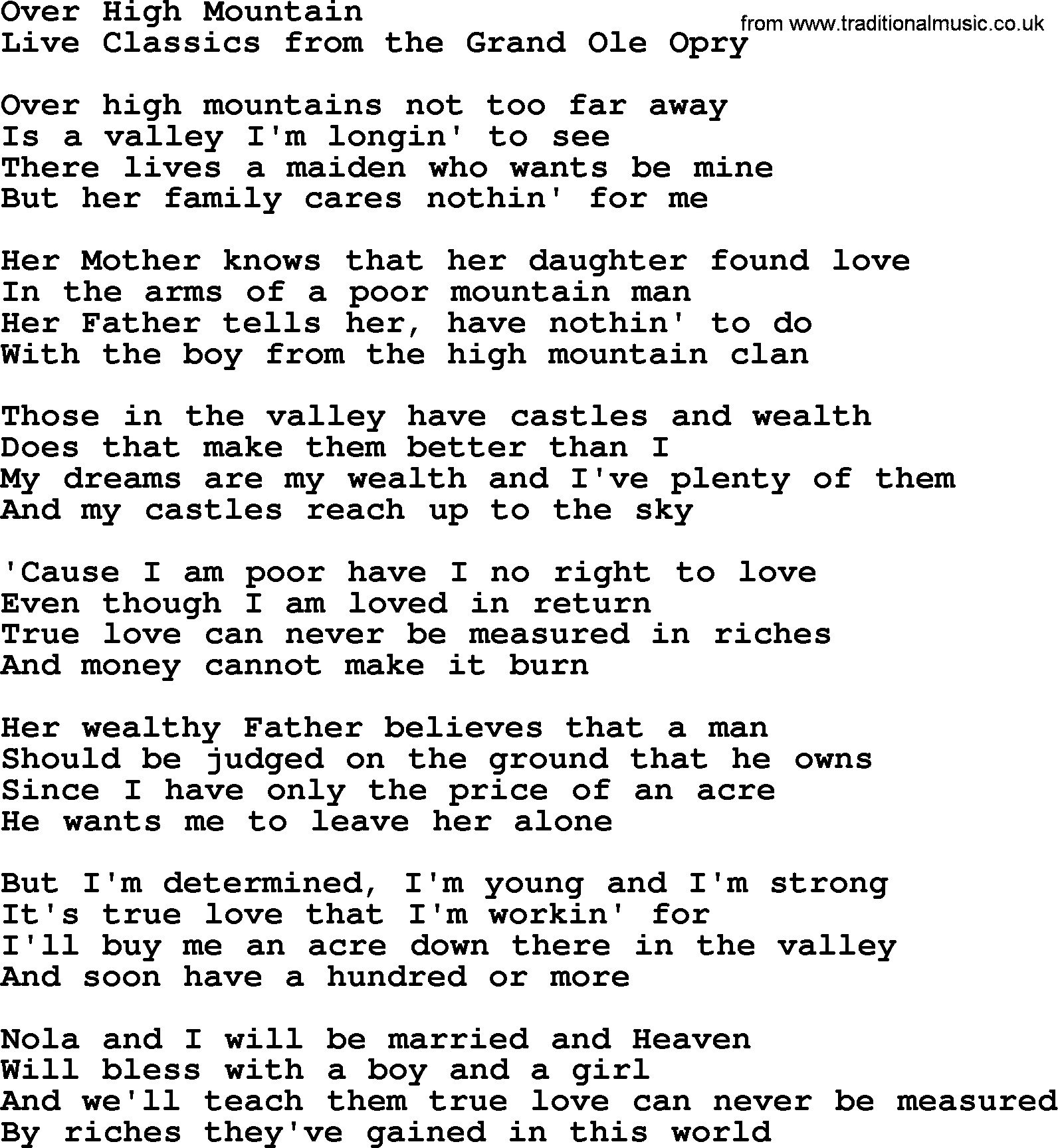 Marty Robbins song: Over High Mountain, lyrics