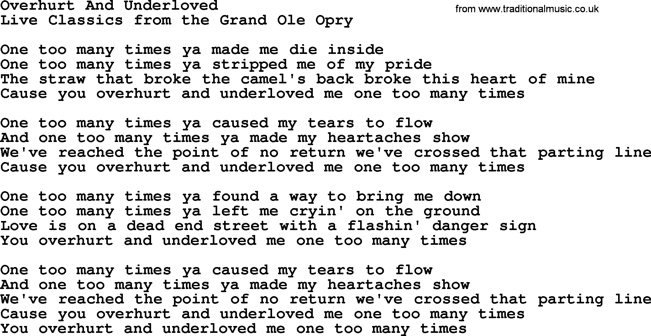 Marty Robbins song: Overhurt And Underloved, lyrics