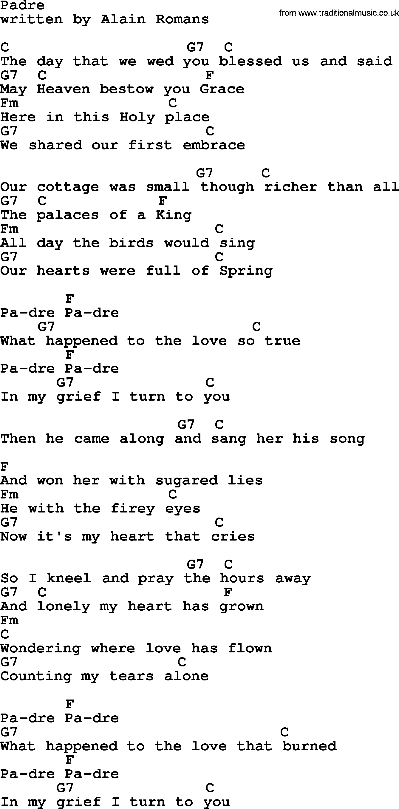Marty Robbins song: Padre, lyrics and chords