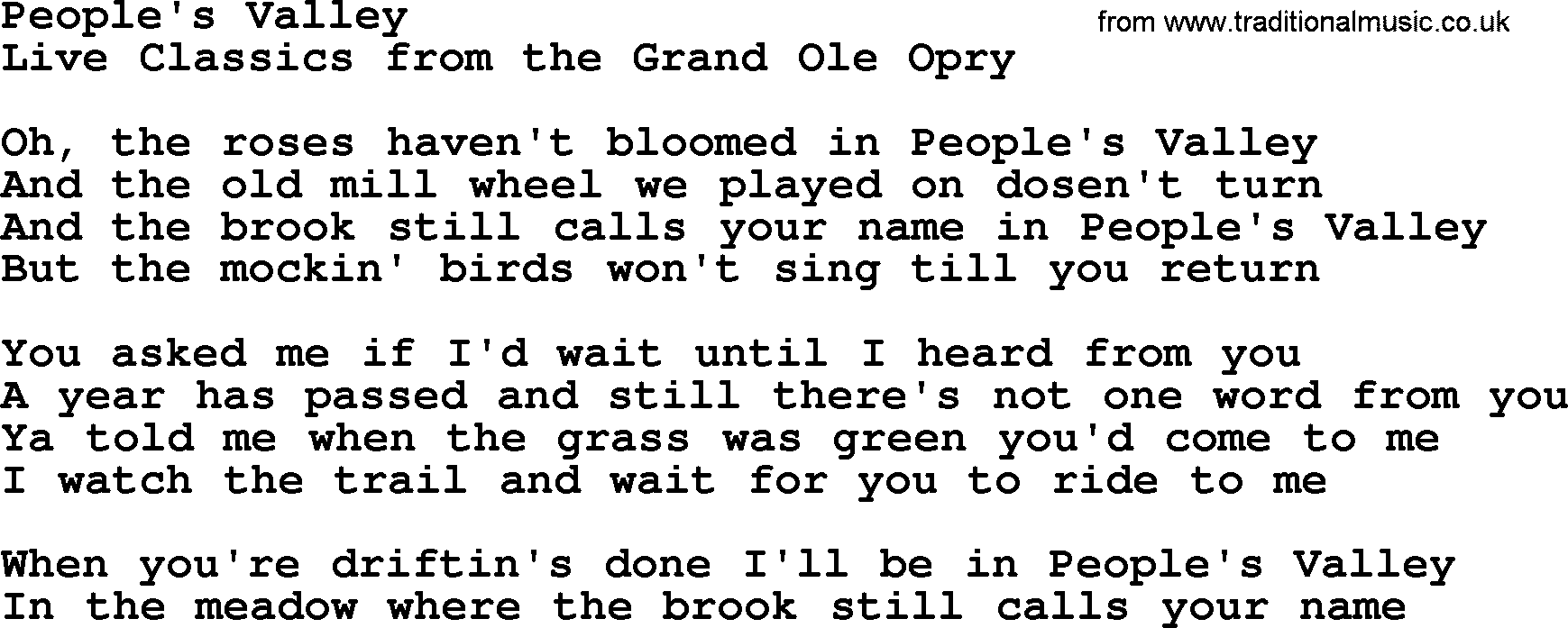 Marty Robbins song: Peoples Valley, lyrics