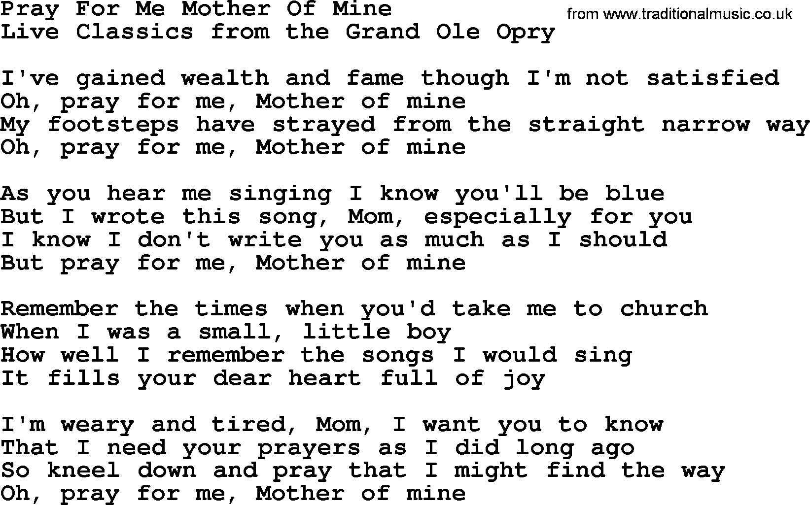 Marty Robbins song: Pray For Me Mother Of Mine, lyrics