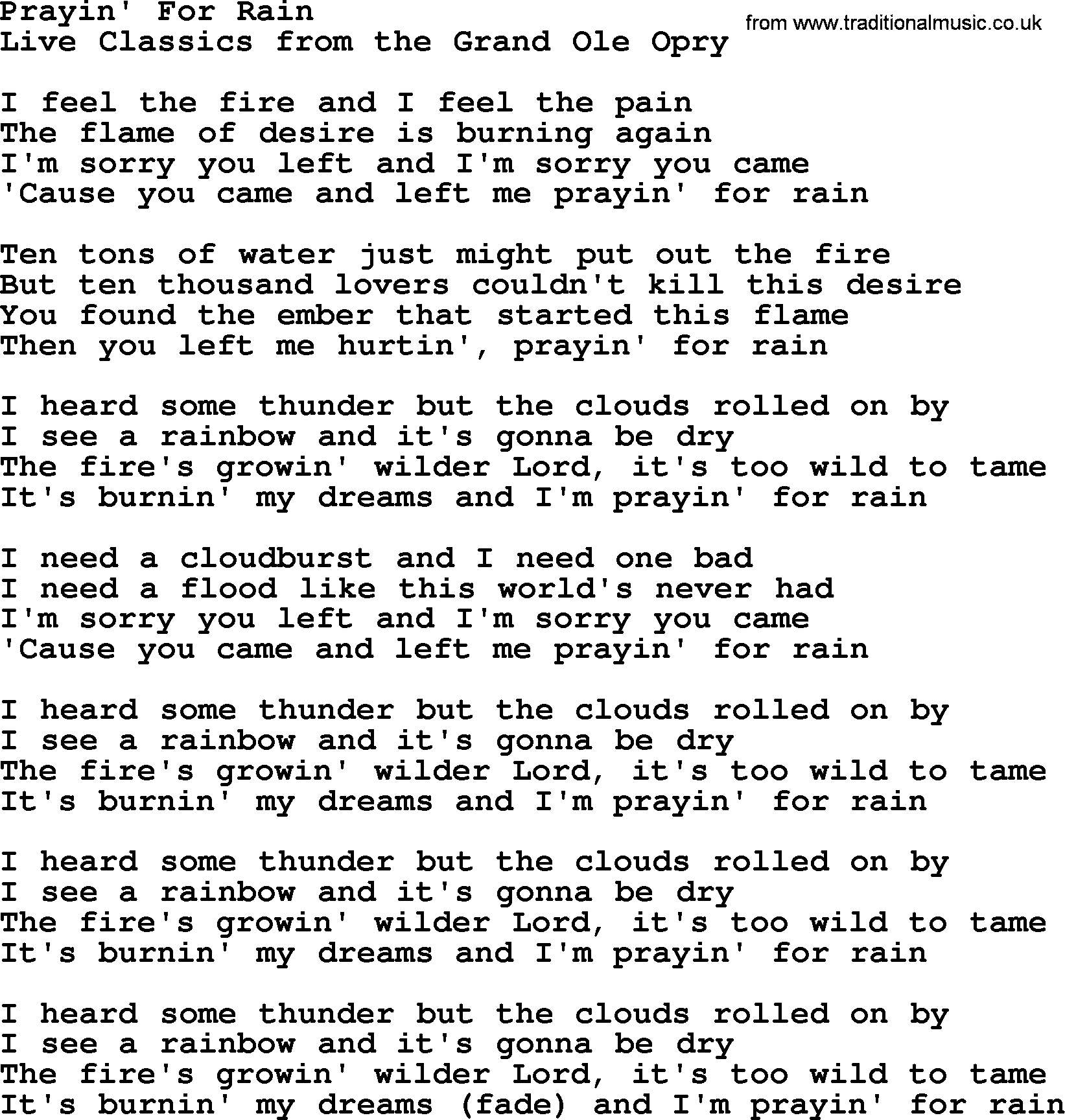 Marty Robbins song: Prayin For Rain, lyrics