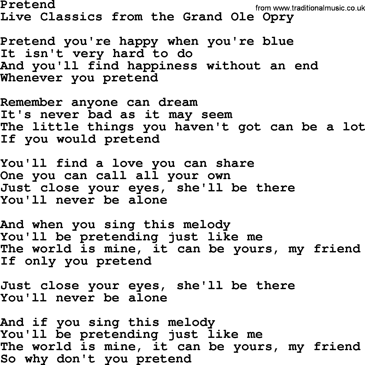 Marty Robbins song: Pretend, lyrics