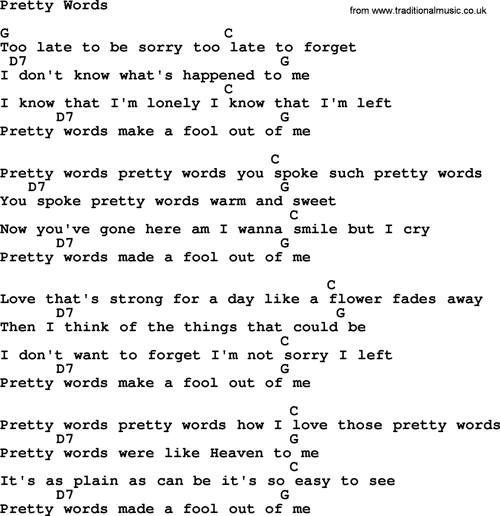 Marty Robbins song: Pretty Words, lyrics and chords