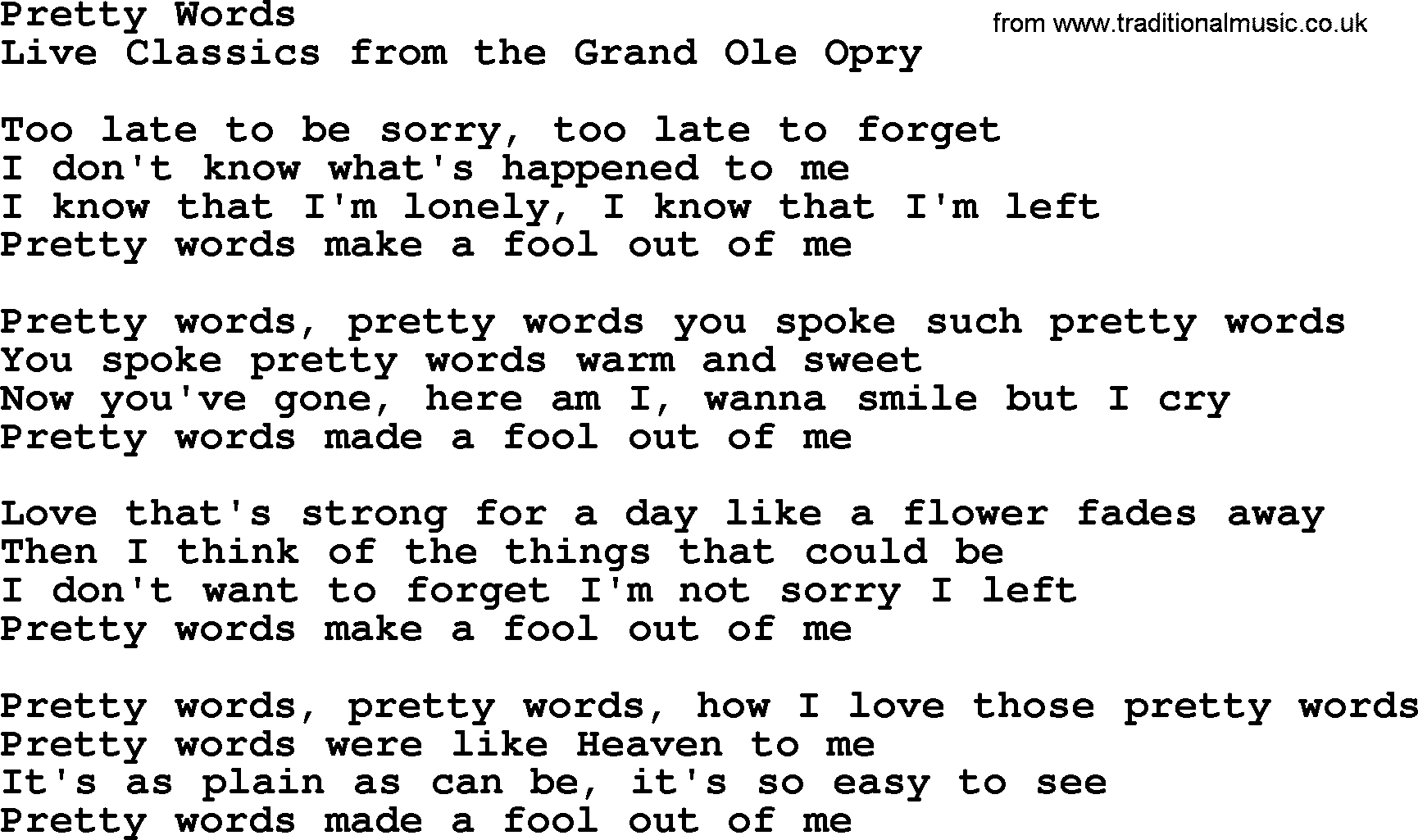 Marty Robbins song: Pretty Words, lyrics