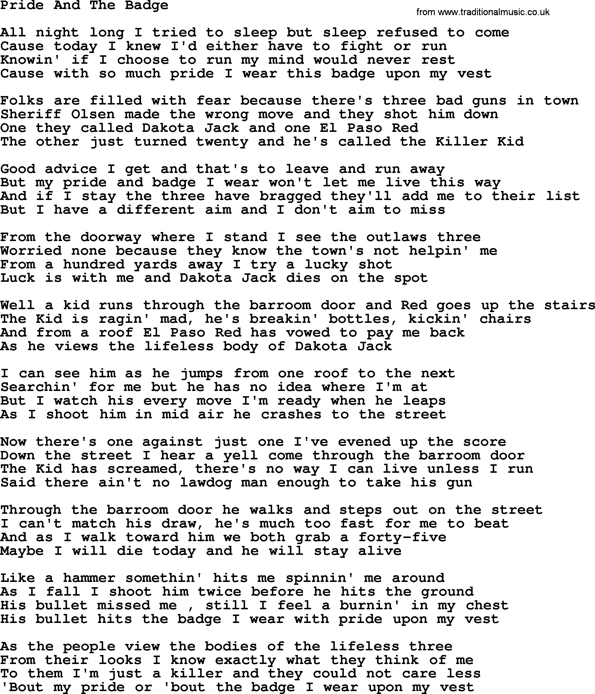 Marty Robbins song: Pride And The Badge, lyrics