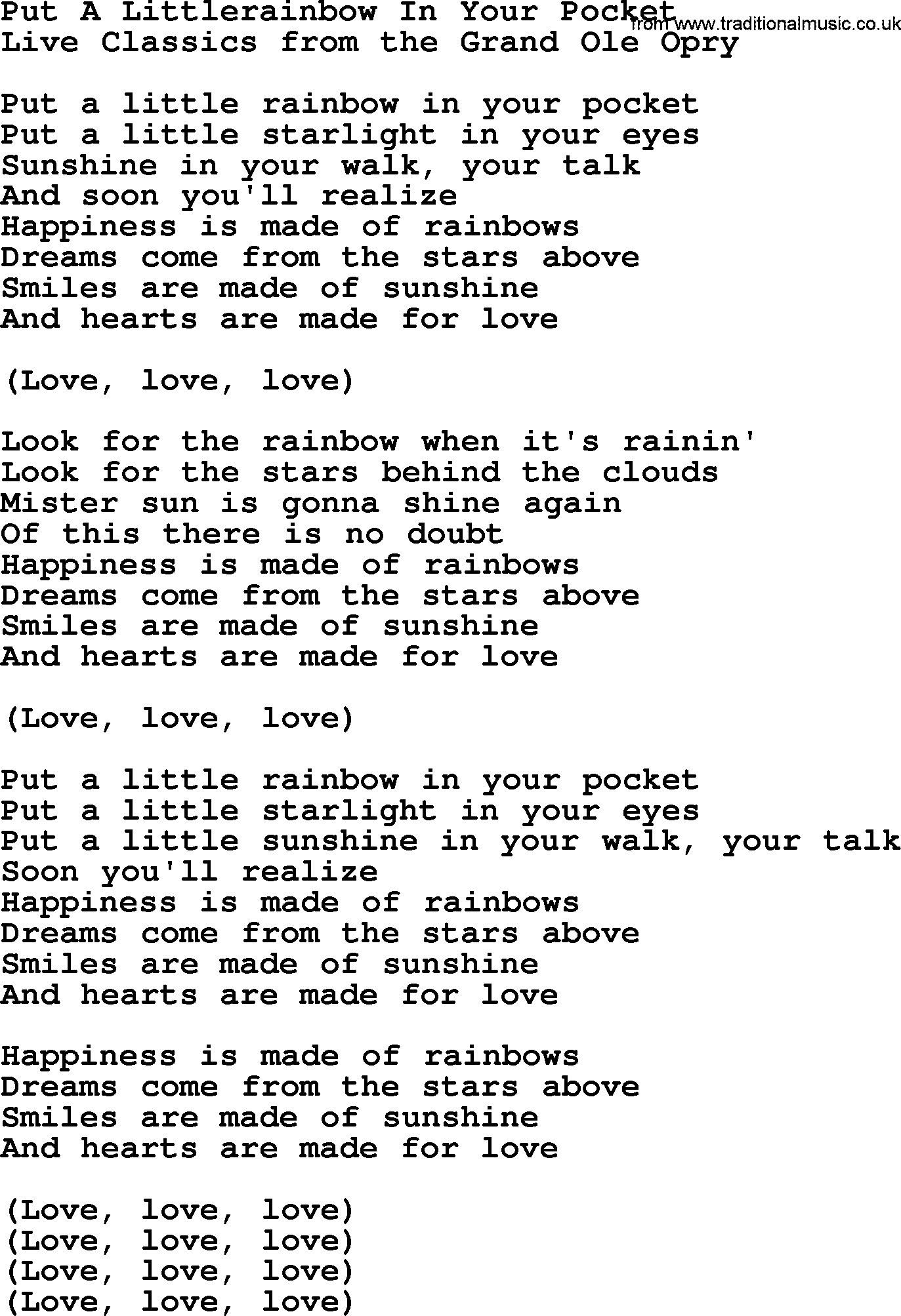 Marty Robbins song: Put A Littlerainbow In Your Pocket, lyrics