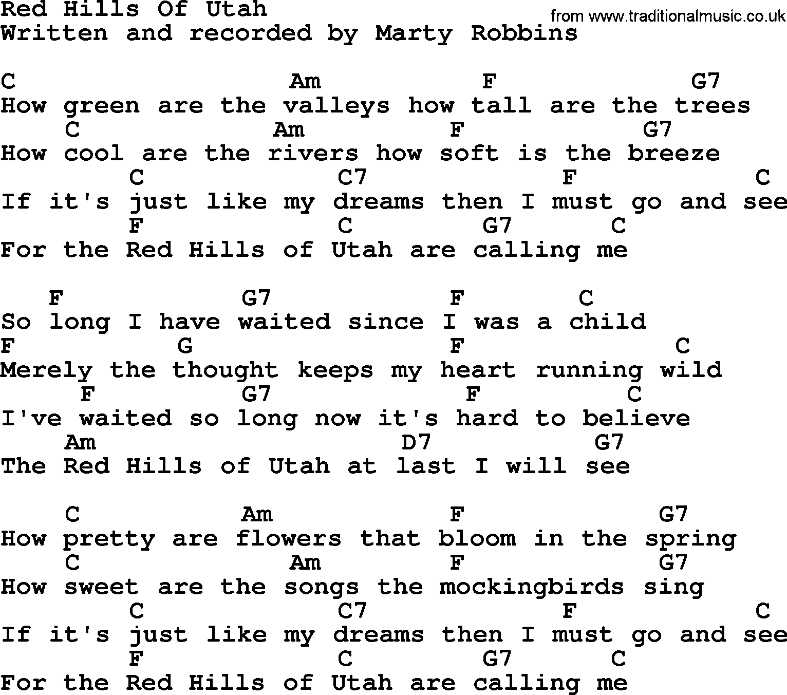 Marty Robbins song: Red Hills Of Utah, lyrics and chords
