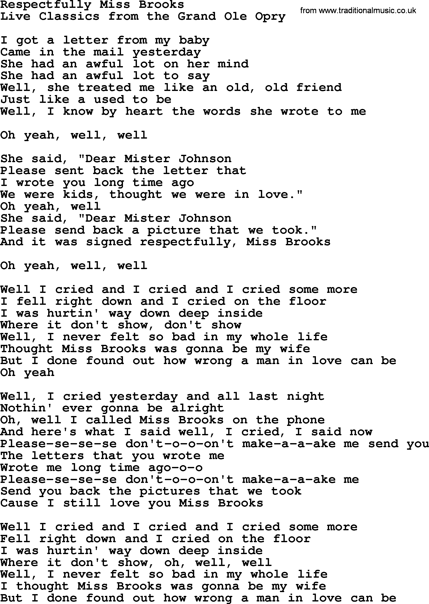 Marty Robbins song: Respectfully Miss Brooks, lyrics