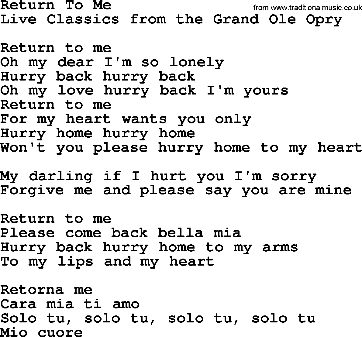 Marty Robbins song: Return To Me, lyrics
