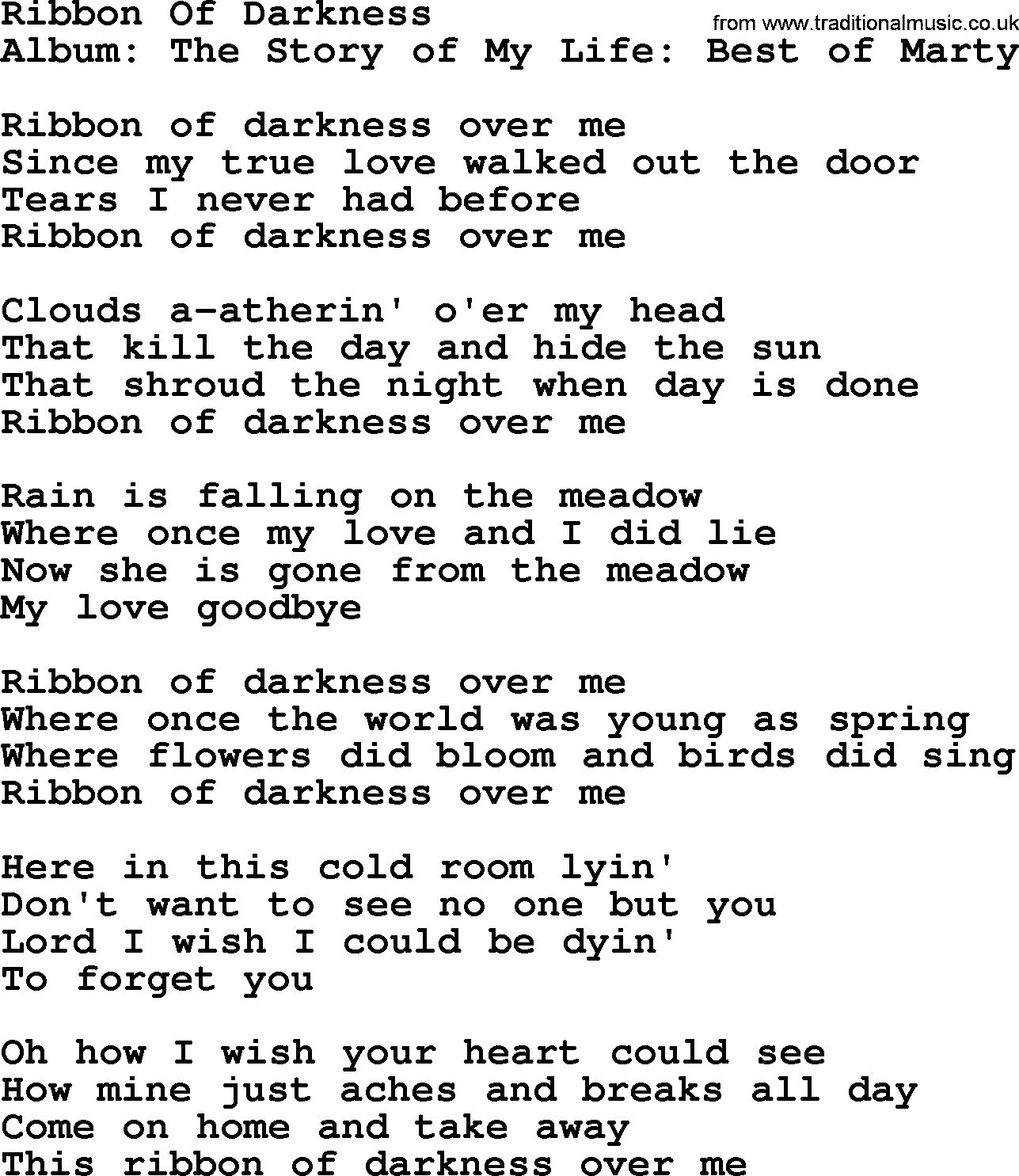 Marty Robbins song: Ribbon Of Darkness, lyrics