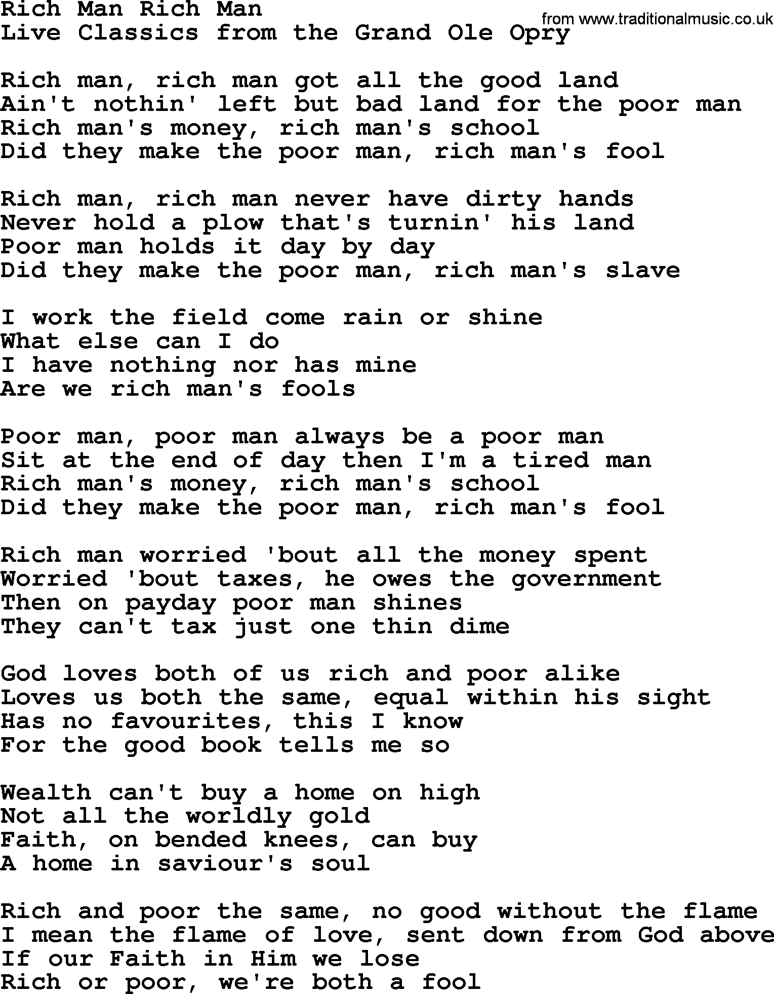 Marty Robbins song: Rich Man Rich Man, lyrics