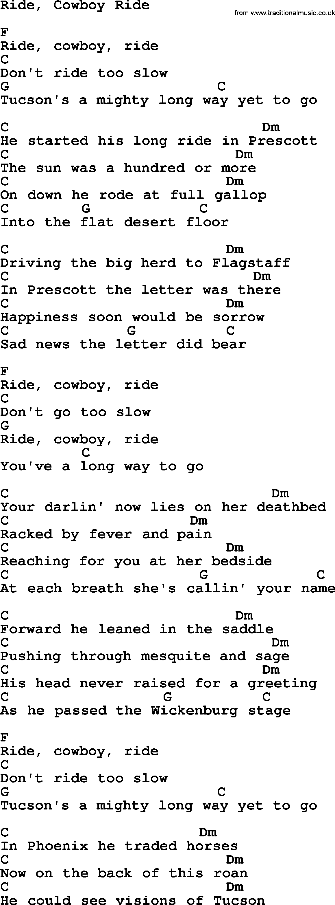 Marty Robbins song: Ride, Cowboy Ride, lyrics and chords