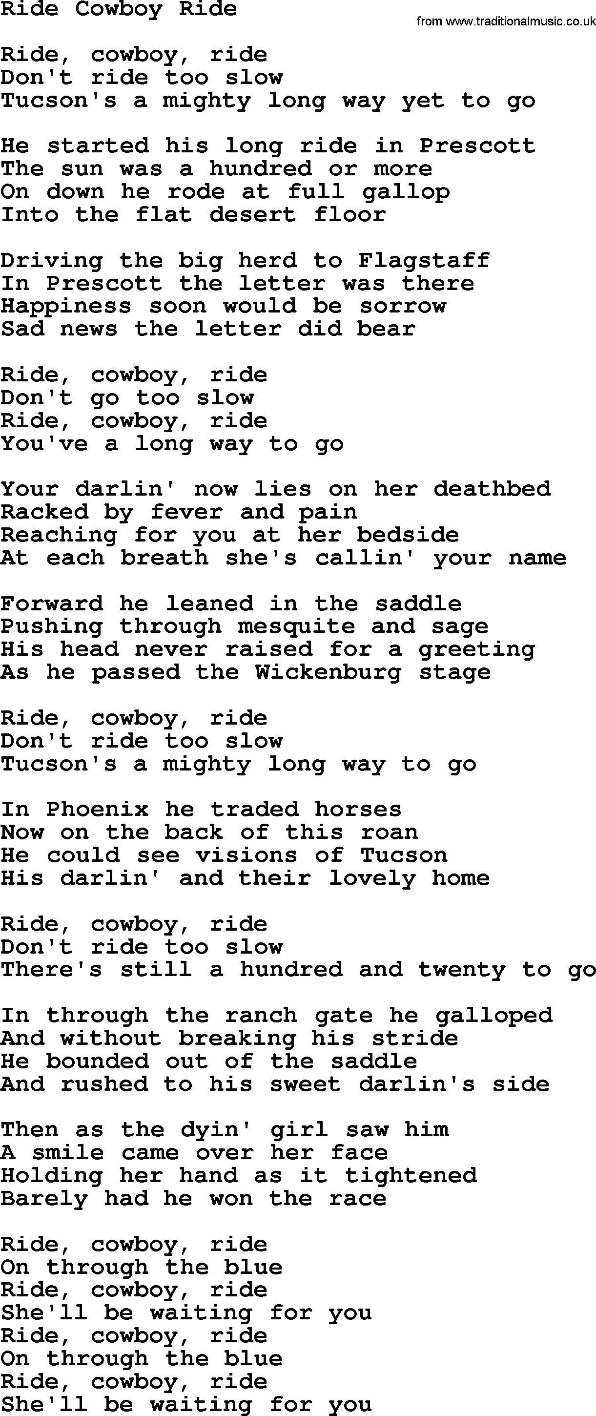 Marty Robbins song: Ride Cowboy Ride, lyrics
