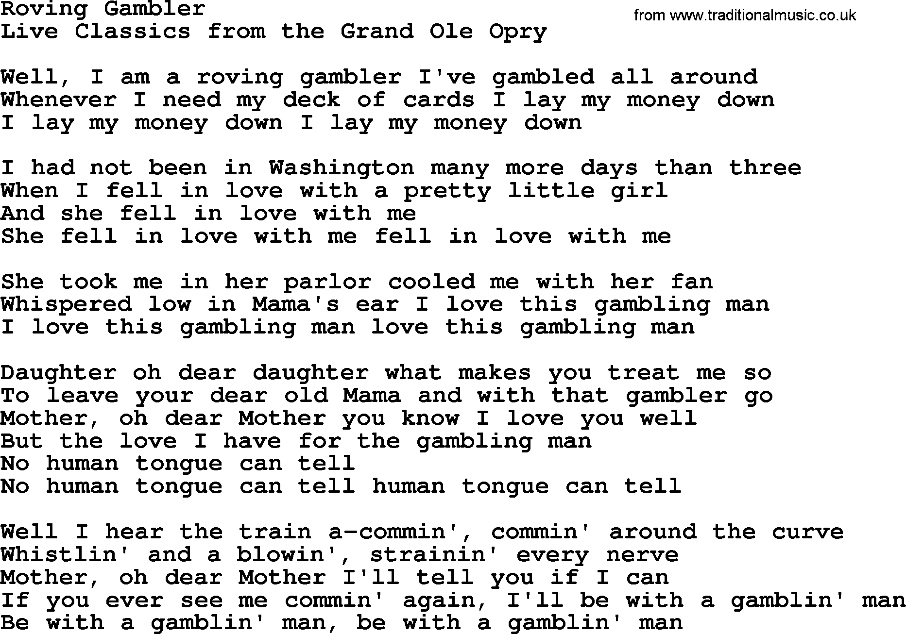 Marty Robbins song: Roving Gambler, lyrics