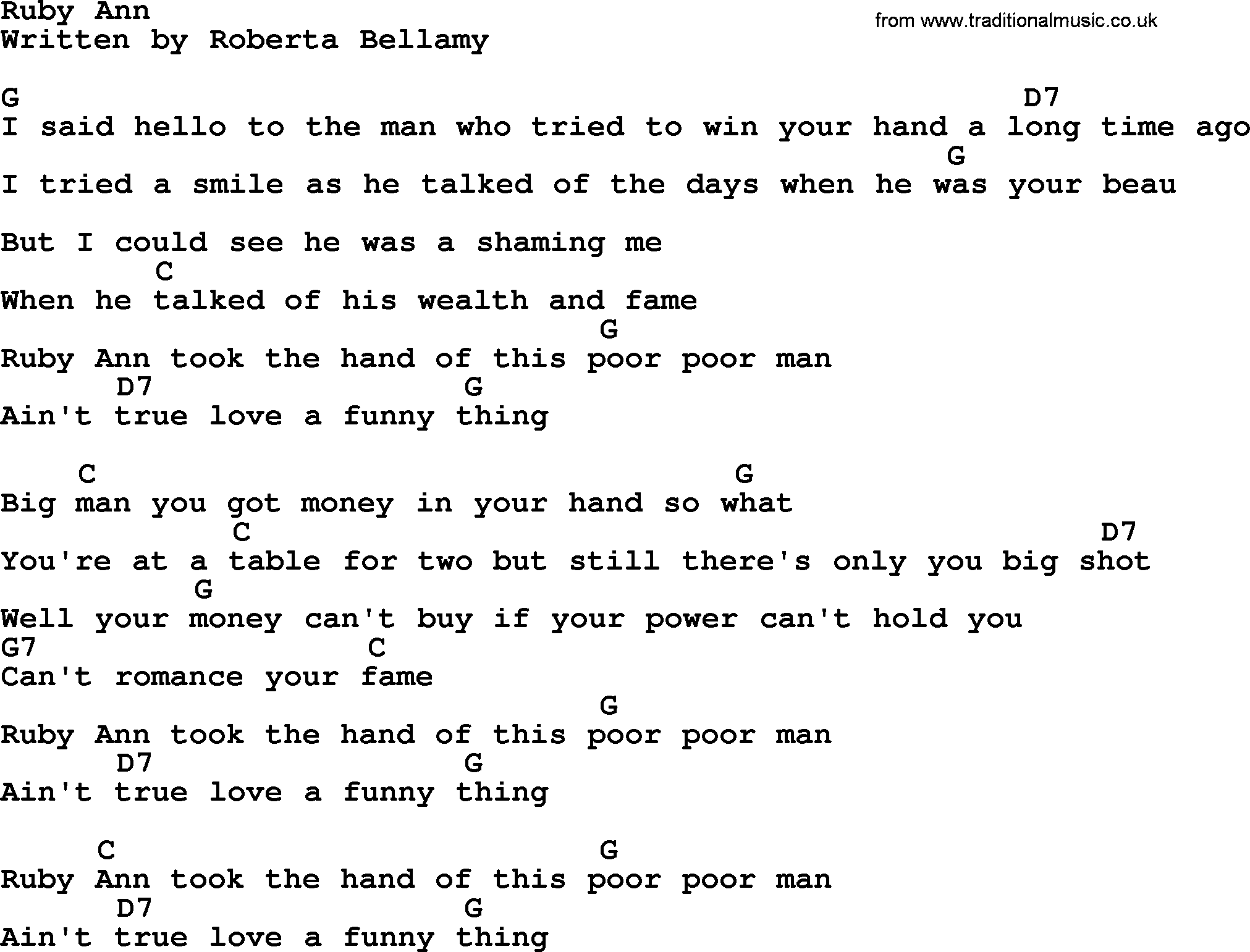 Marty Robbins song: Ruby Ann, lyrics and chords