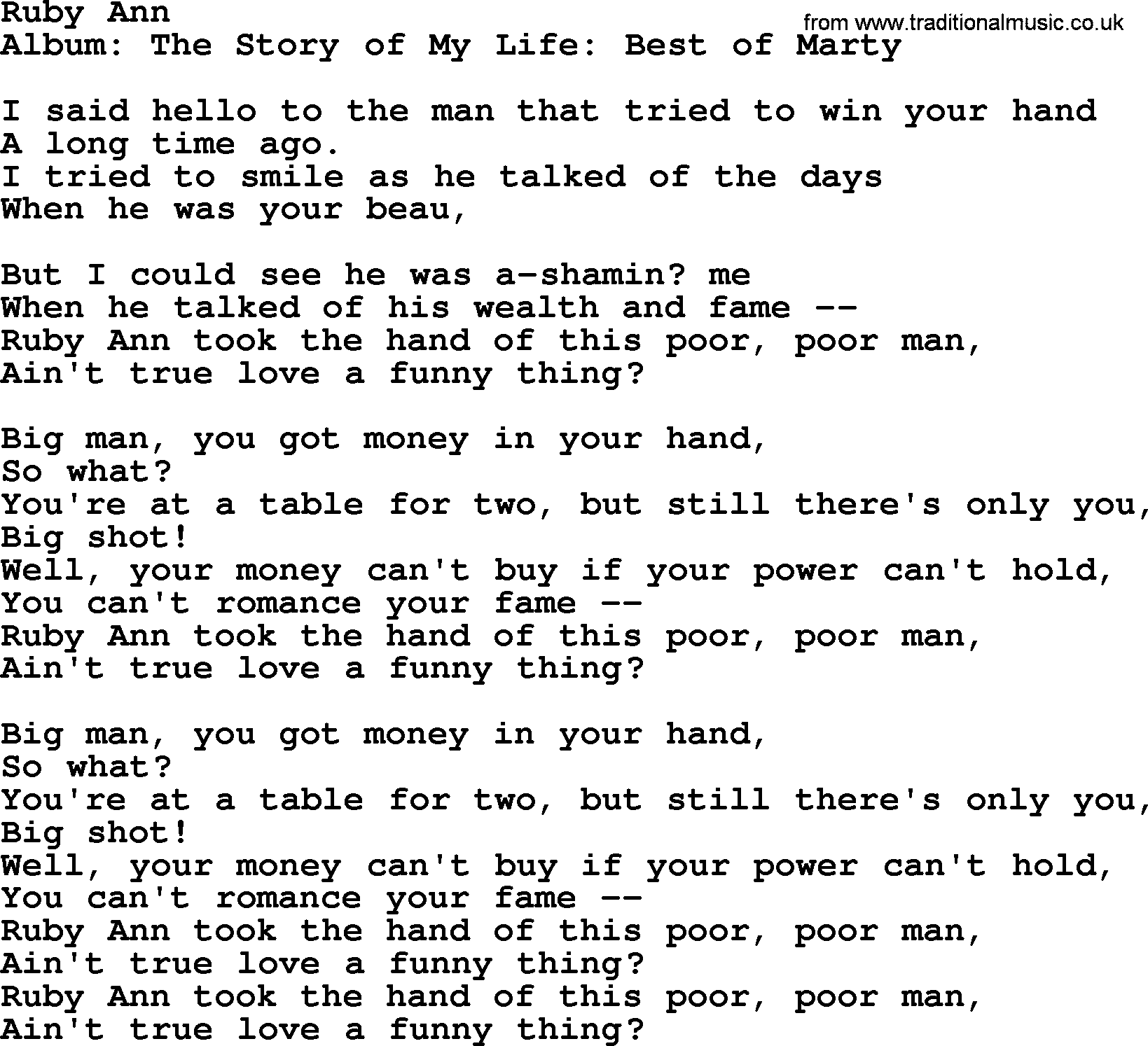 Marty Robbins song: Ruby Ann, lyrics