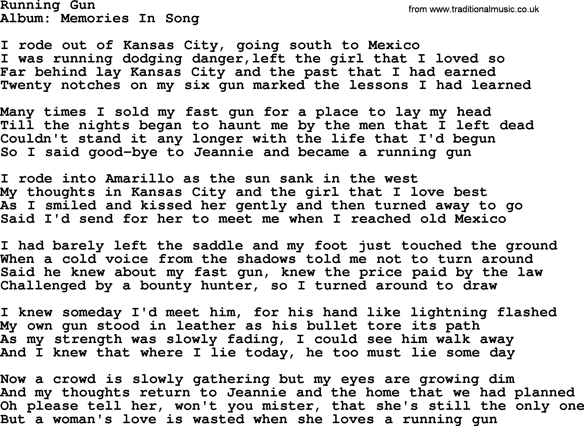 Marty Robbins song: Running Gun, lyrics