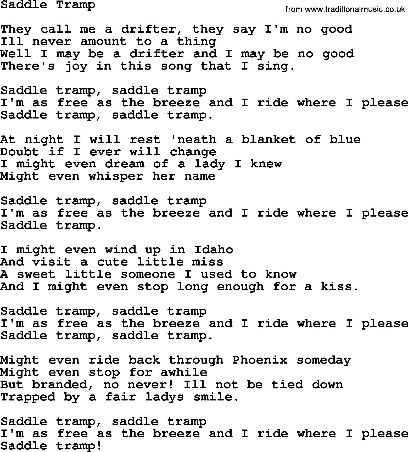 Marty Robbins song: Saddle Tramp, lyrics