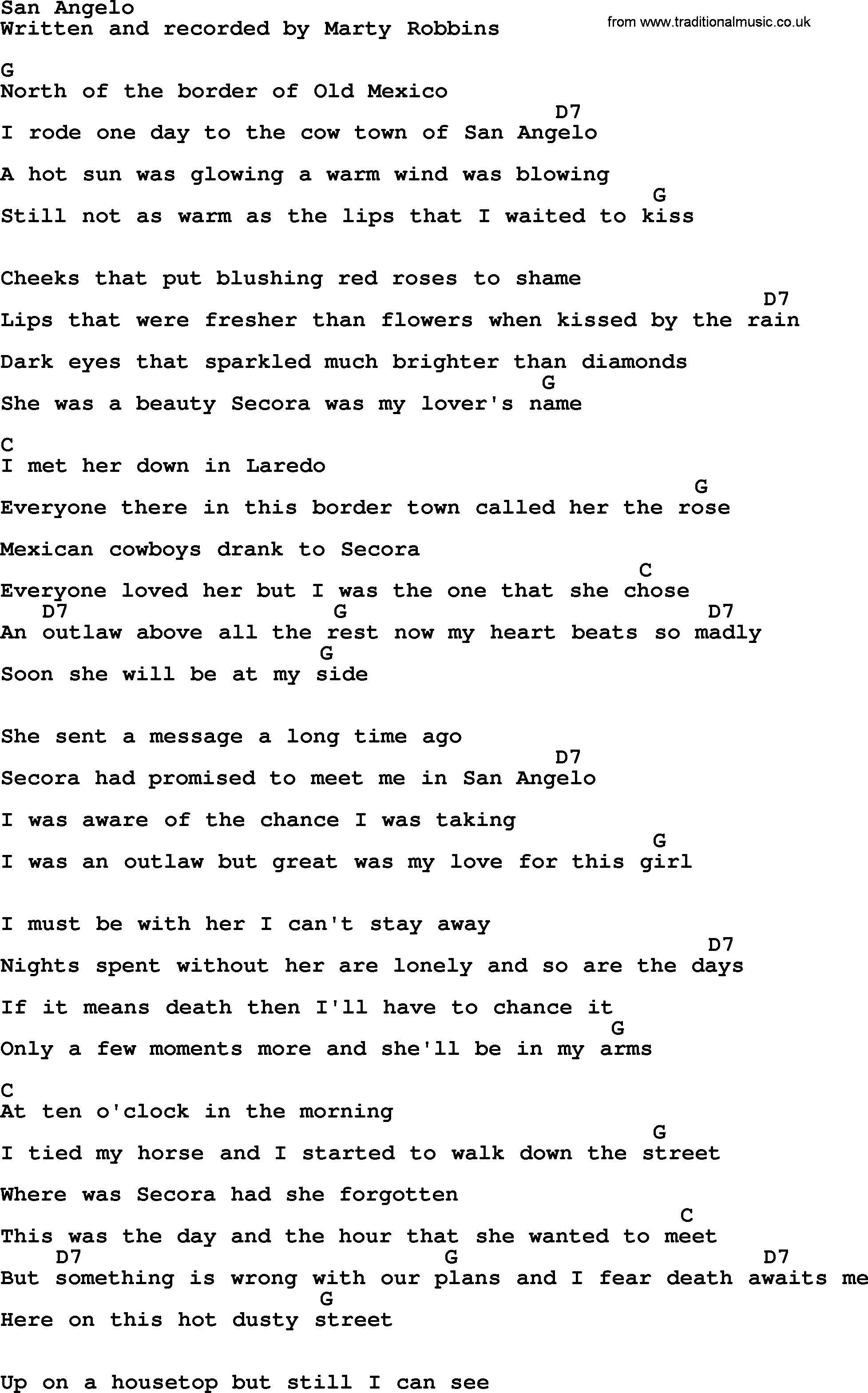 Marty Robbins song: San Angelo, lyrics and chords