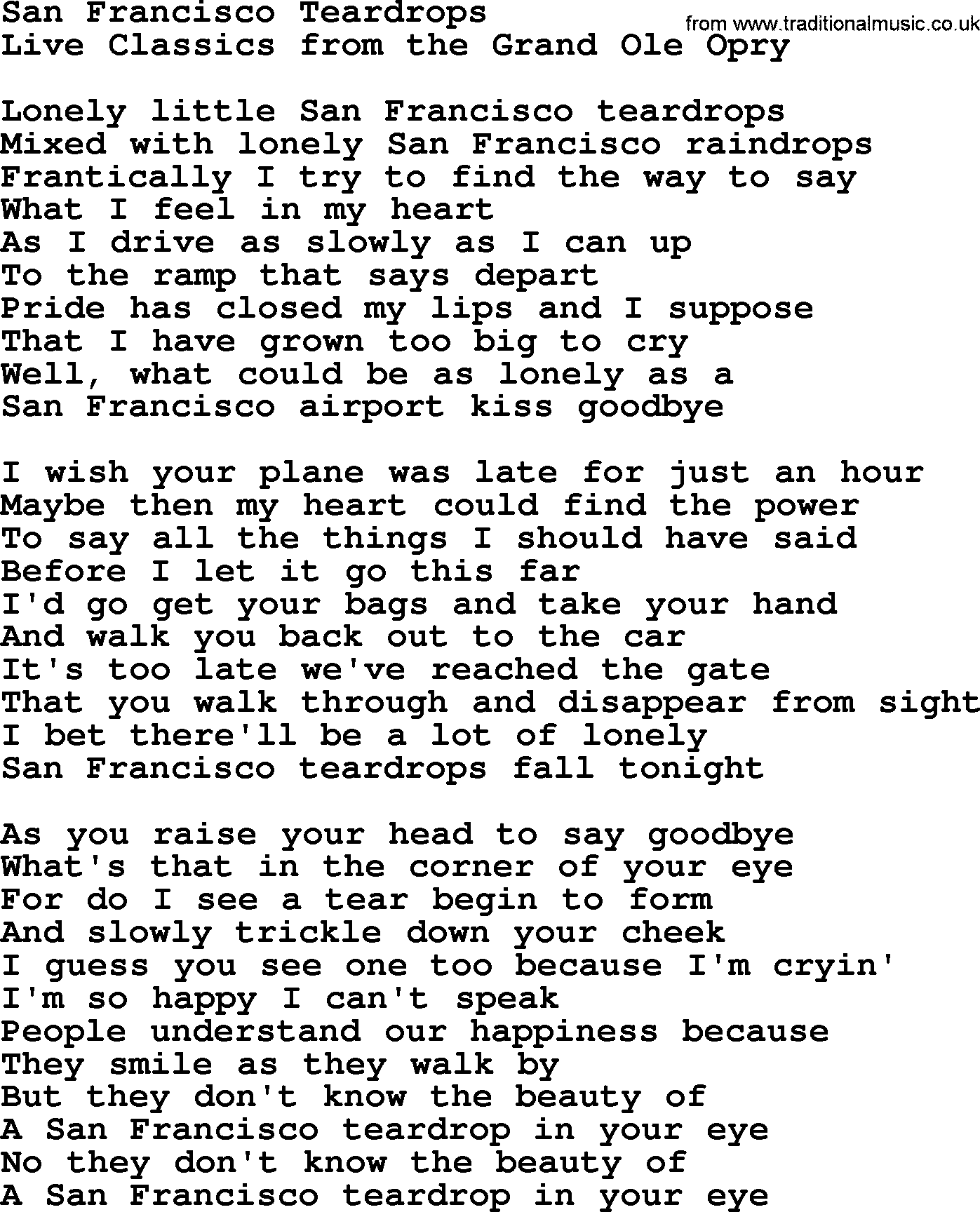 Marty Robbins song: San Francisco Teardrops, lyrics