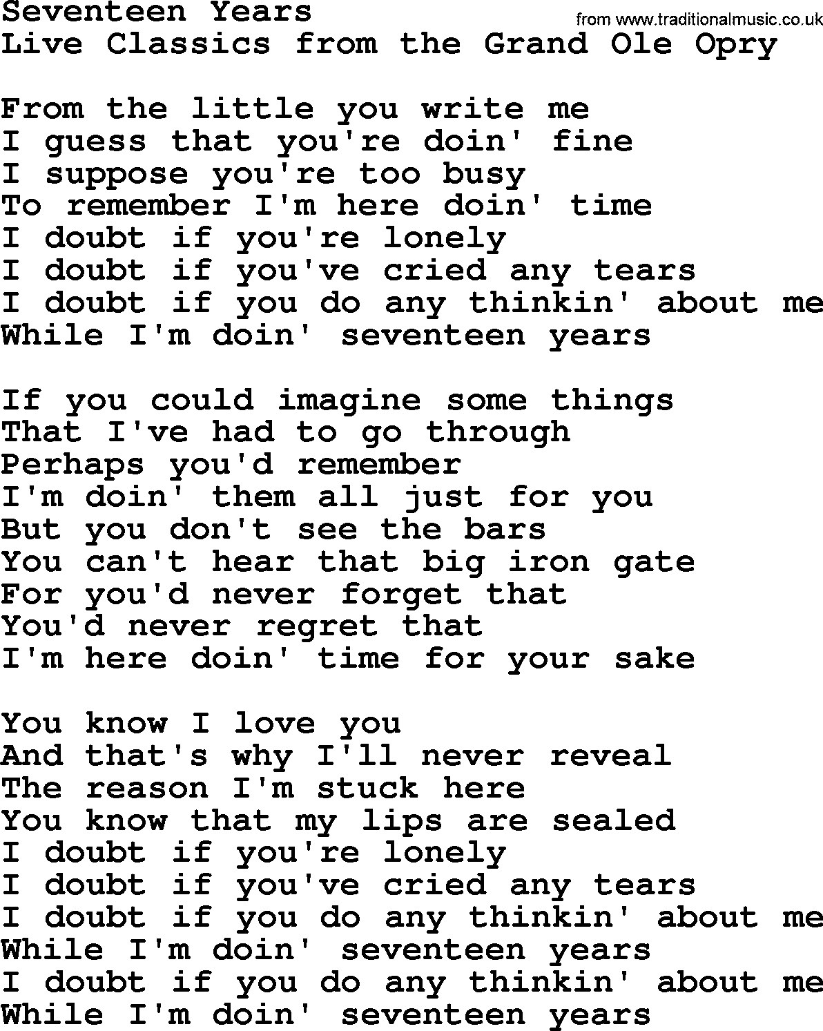Marty Robbins song: Seventeen Years, lyrics