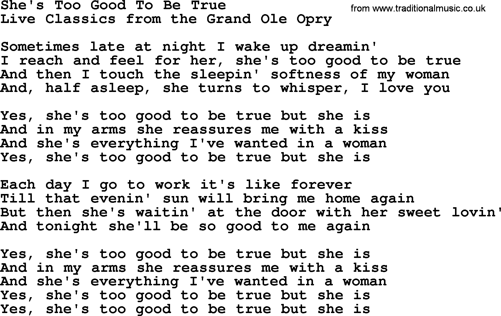 Marty Robbins song: Shes Too Good To Be True, lyrics