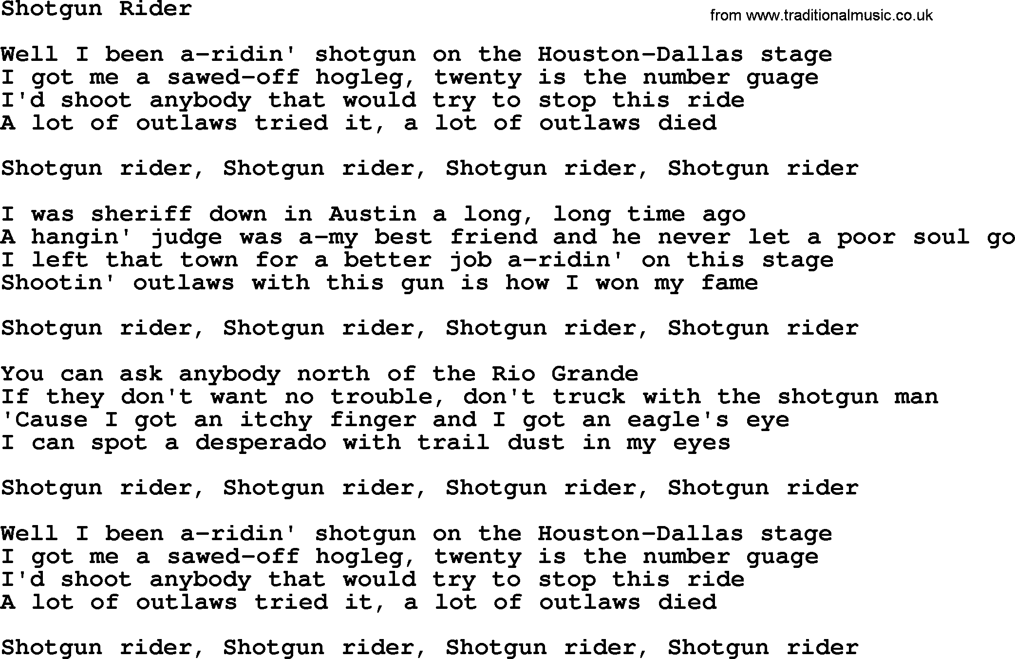 Marty Robbins song: Shotgun Rider, lyrics
