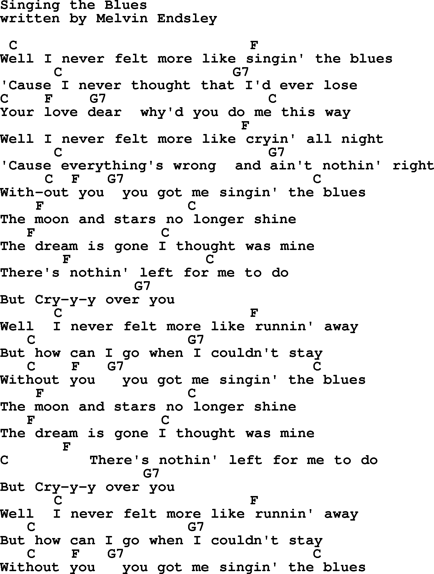 Marty Robbins song: Singing the Blues, lyrics and chords