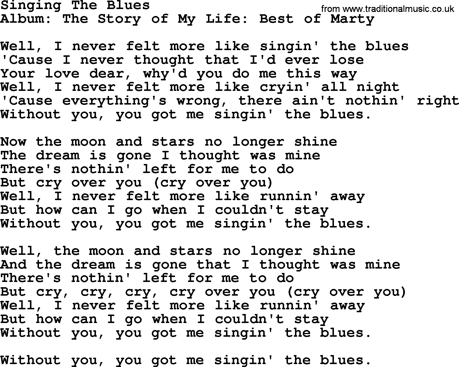 Marty Robbins song: Singing The Blues, lyrics