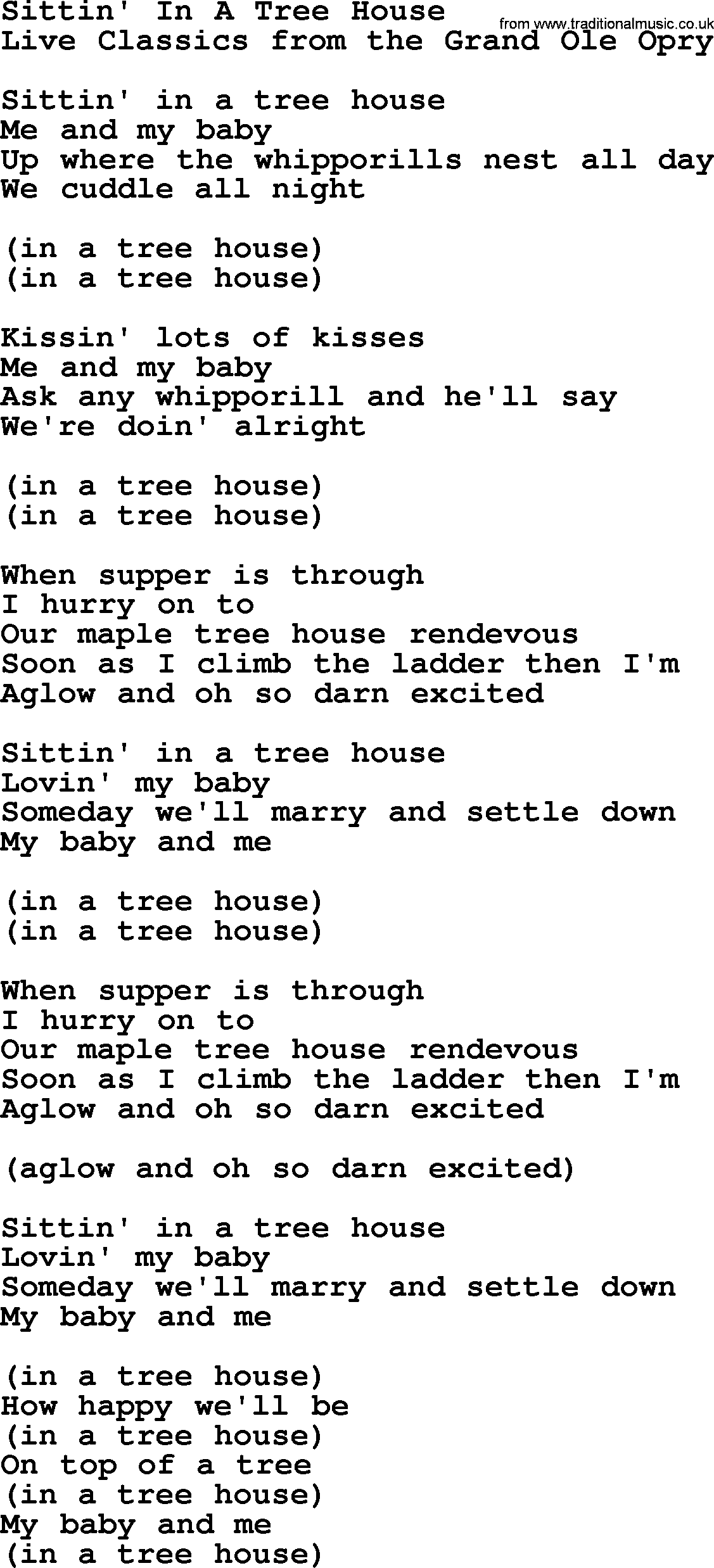 Marty Robbins song: Sittin In A Tree House, lyrics