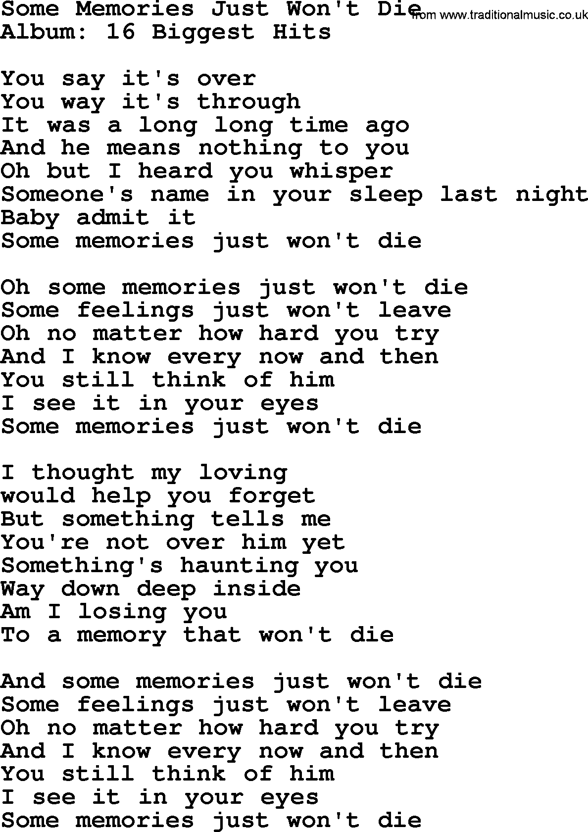 Marty Robbins song: Some Memories Just Wont Die, lyrics