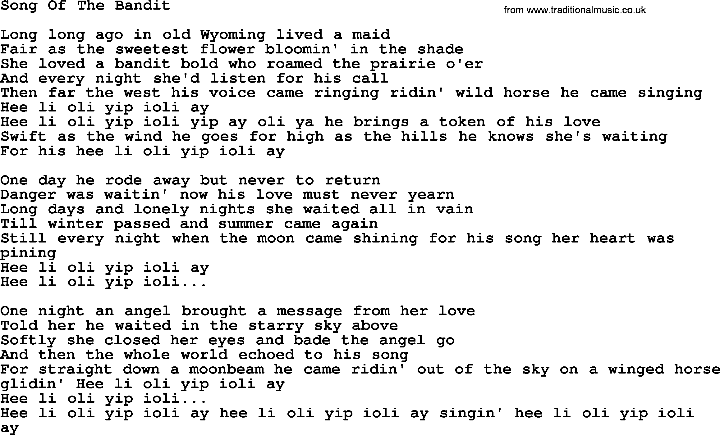 Marty Robbins song: Song Of The Bandit, lyrics