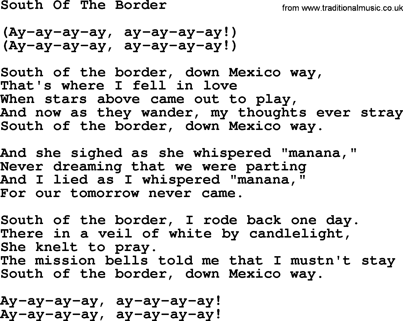 Marty Robbins song: South Of The Border, lyrics