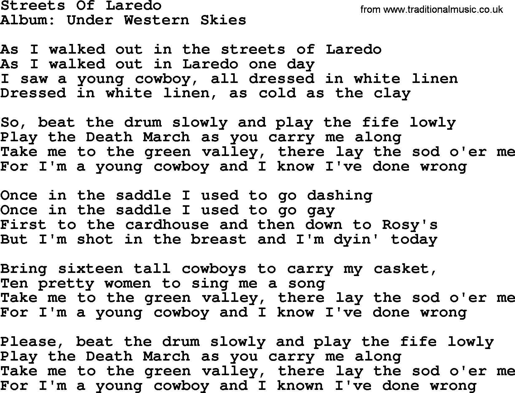 Marty Robbins song: Streets Of Laredo, lyrics