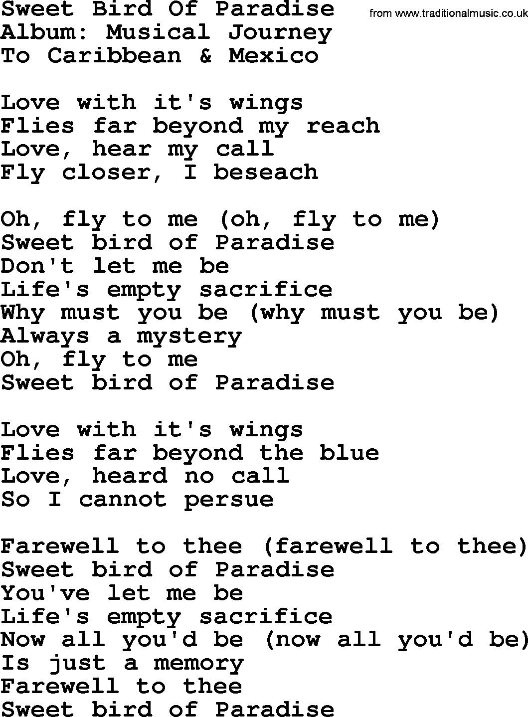 Marty Robbins song: Sweet Bird Of Paradise, lyrics