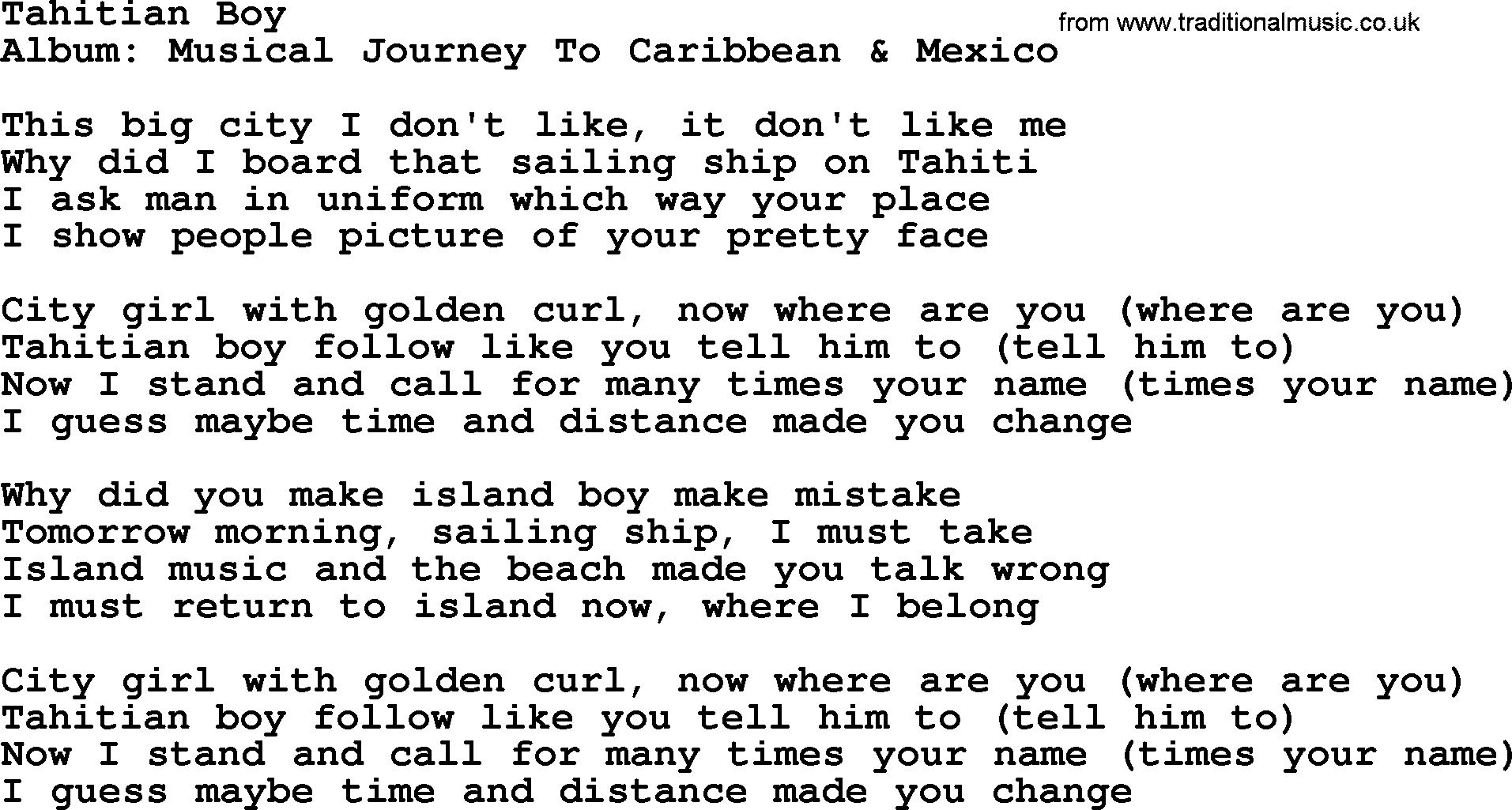 Marty Robbins song: Tahitian Boy, lyrics