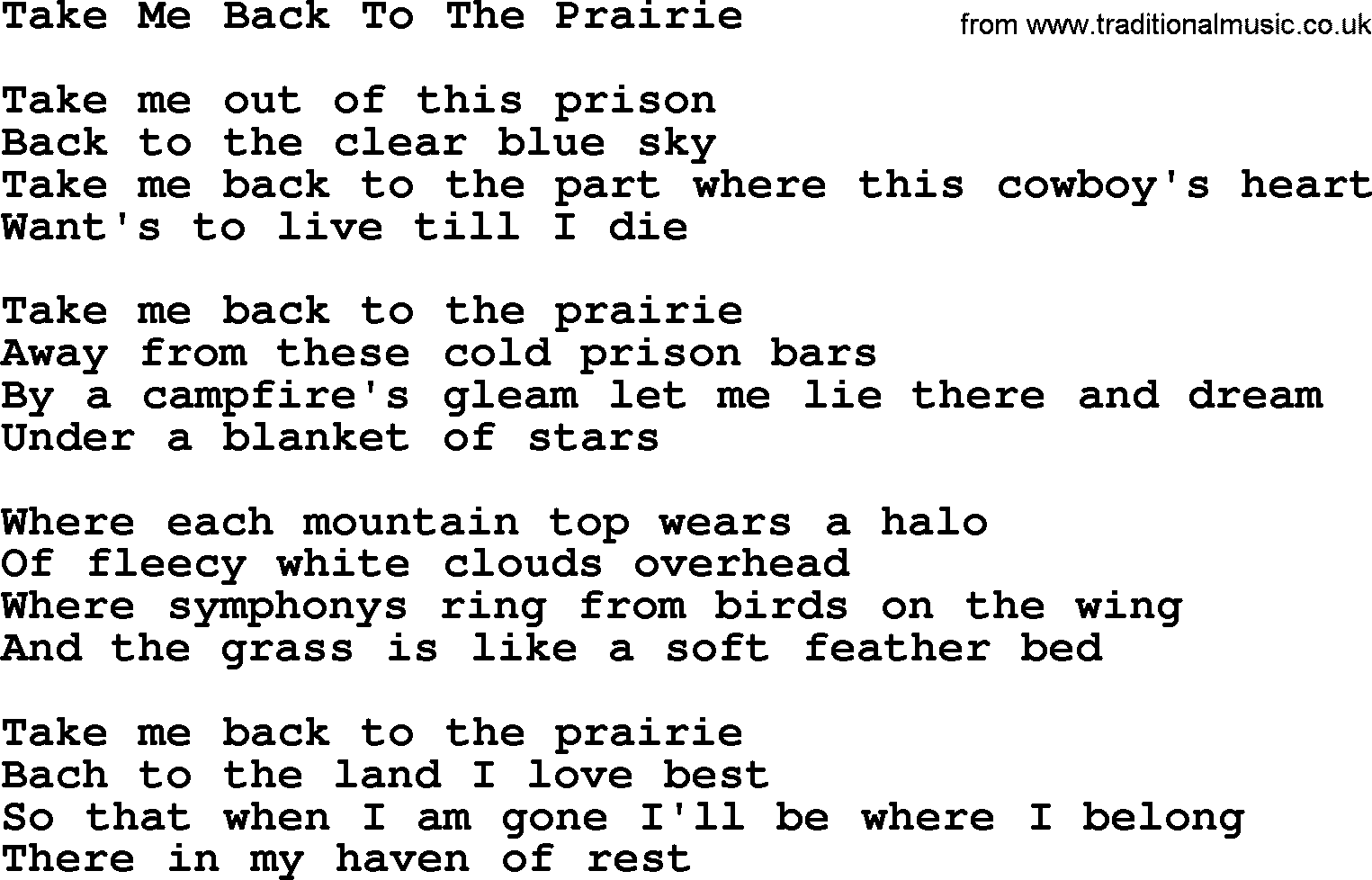 Marty Robbins song: Take Me Back To The Prairie, lyrics