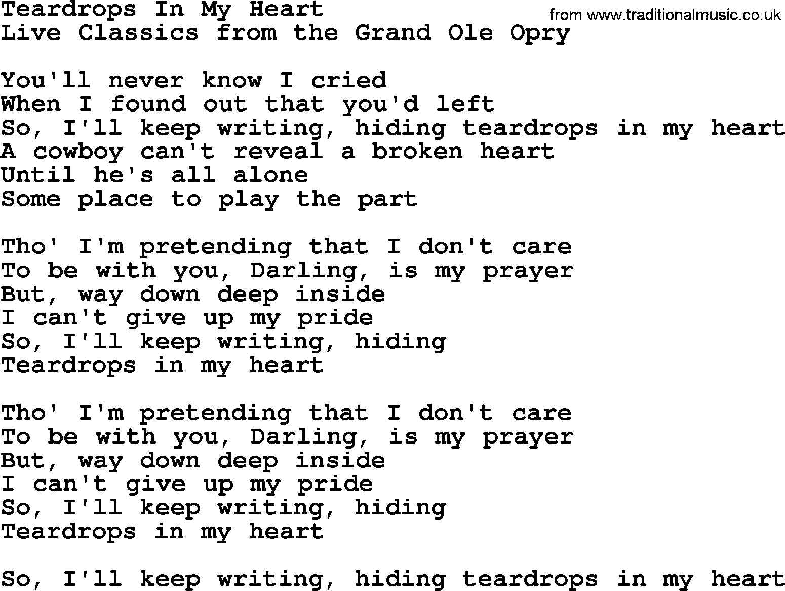 Marty Robbins song: Teardrops In My Heart, lyrics