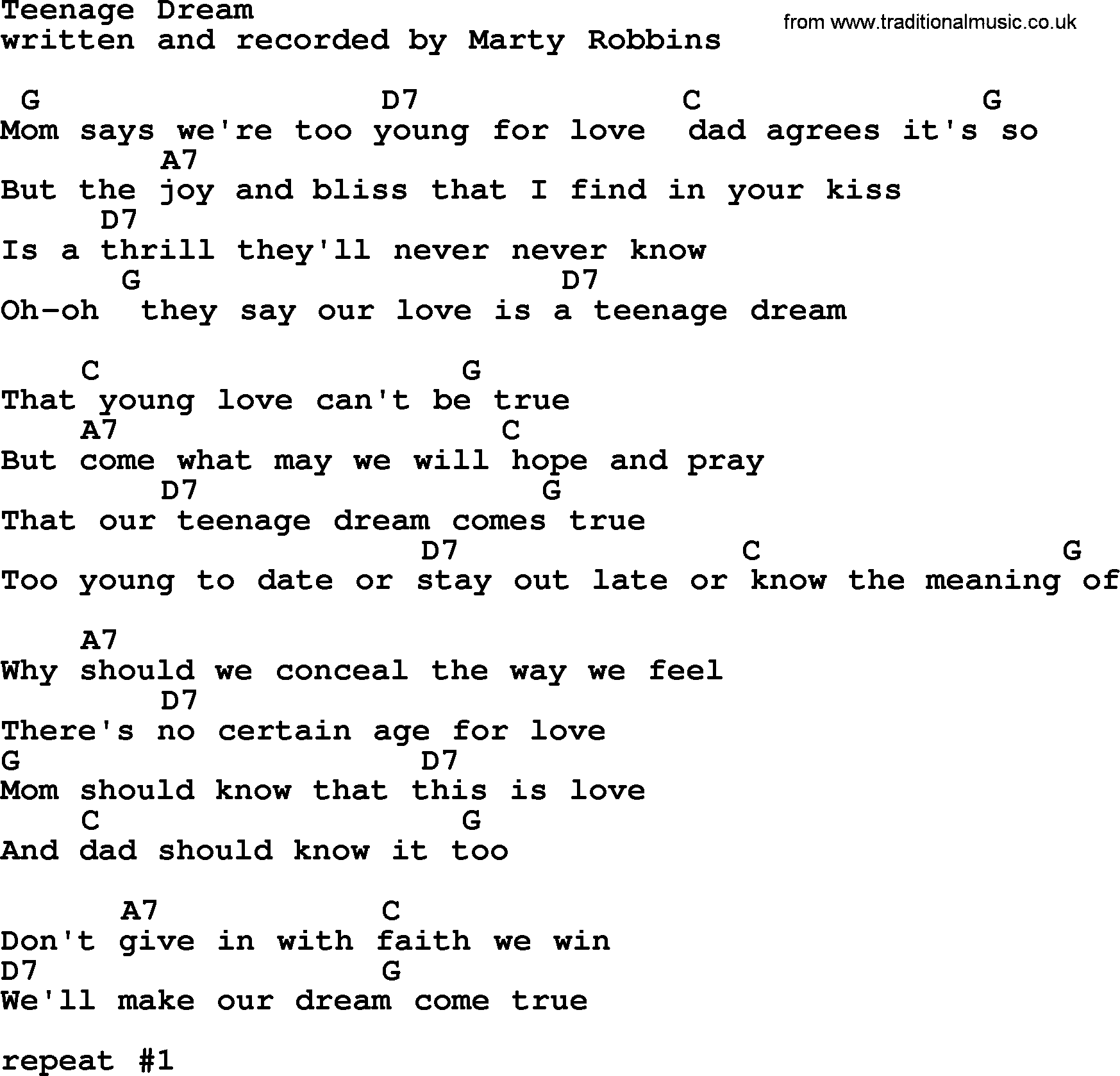 Marty Robbins song: Teenage Dream, lyrics and chords