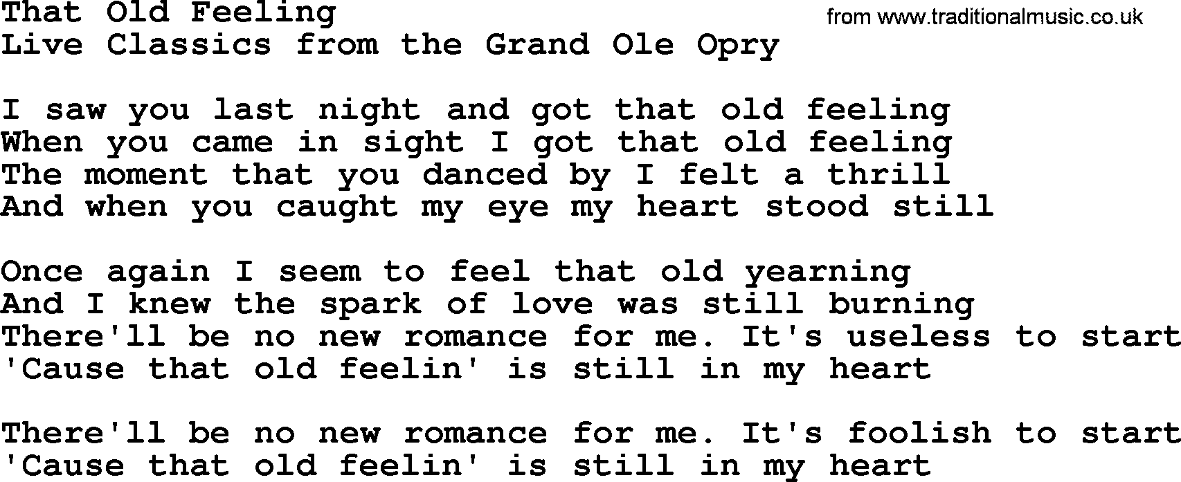 Marty Robbins song: That Old Feeling, lyrics